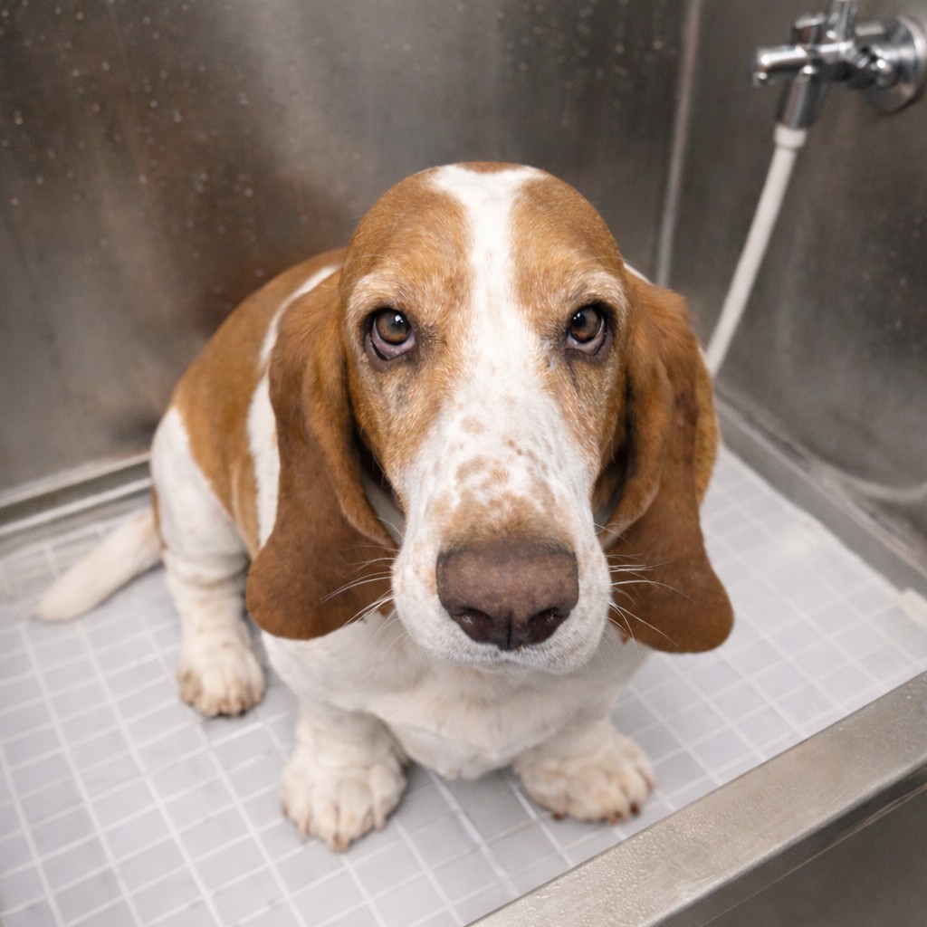 A basset hound with long ears in Madison’s trailer